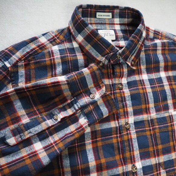 J.Crew men's flannel, Large, slim untucked, Blue/Red/Orange Plaid - Picture 1 of 7